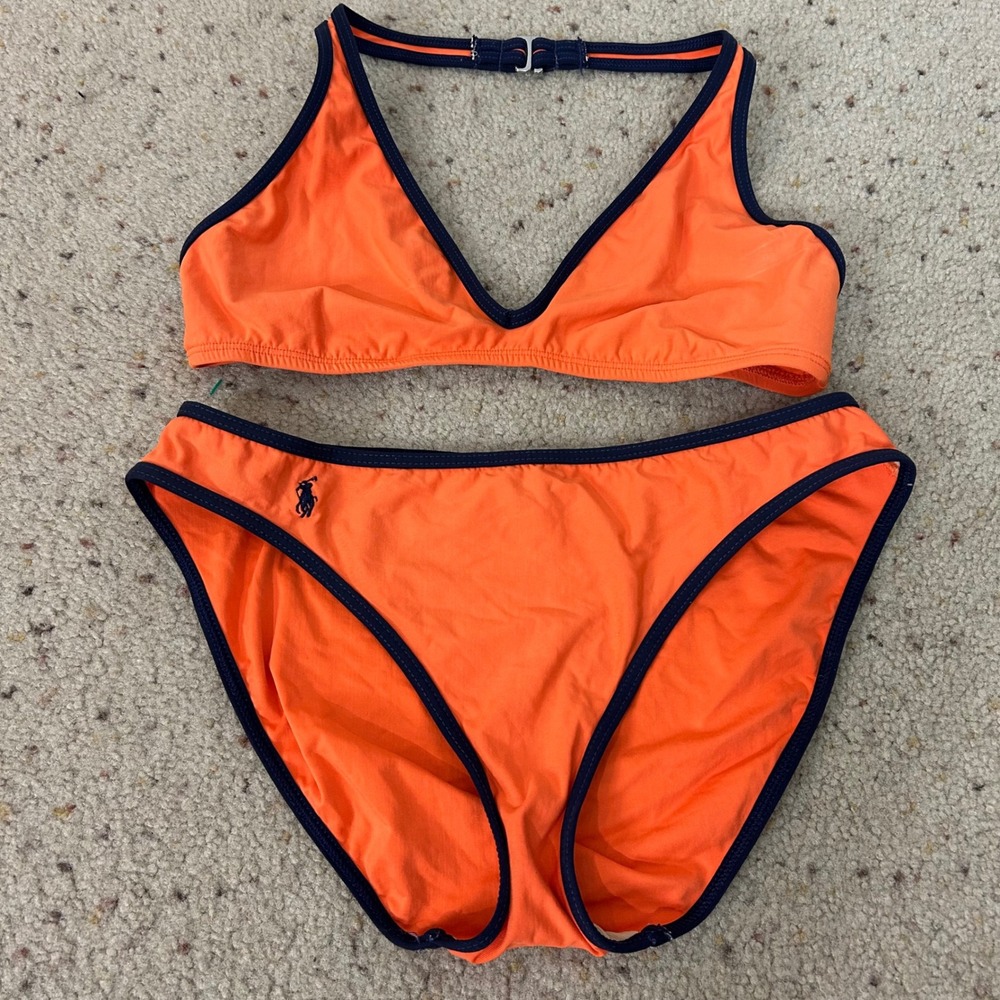 Ralph Lauren Sport Bikini Set Orange Navy Blue Pony Logo Size 6 Women